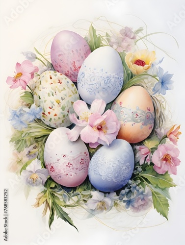 Vintage Pastel Easter Eggs with Delicate Floral and Lace Accents in Watercolor Composition
