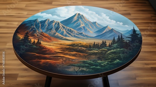 Wooden table top with the mountain landscape. Wooden table terrace with fresh atmosphere nature landscape