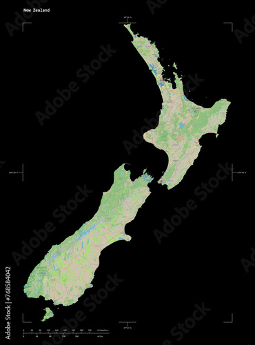New Zealand shape isolated on black. OSM Topographic standard style map