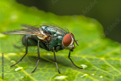 closeup of a fly on a green leaf with dewdrops