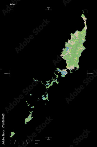 Palau shape isolated on black. OSM Topographic standard style map