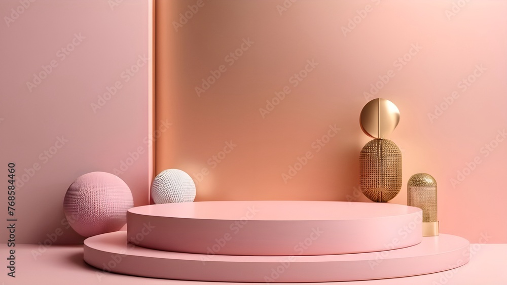 3d rendering of abstract minimal geometric forms, pink round podium on rose gold background. Illustration with copy space for mock up, display, showcase, backdrop, product placement 3d rendering of abstract minimal geometric forms, pink round podium on rose gold background. Illustration with copy space for mock up, display, showcase, backdrop, product placement
