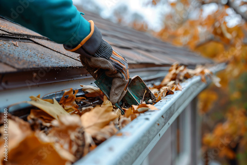 a close-up view, an worker is on the roof of a house. scooping out the eavestrough or roof gutters to clean in preparation for the upcoming winter. © ebhanu