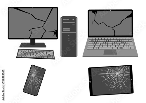壊れたパソコンとスマートフォンとタブレット