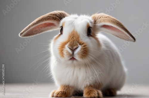 White and brown rabbit over neutral background