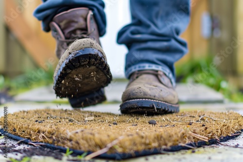 gardener stepping on a heartshaped doormat with dirty boots