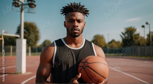 Handsome black man in basketball clothes holding basketball ball, posing in basketball field © Zahfran