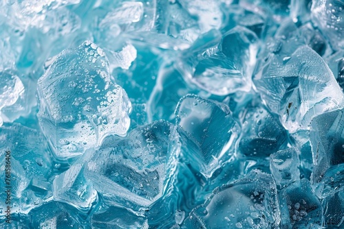 Ice texture background. The textured cold frosty surface of ice block on blue background