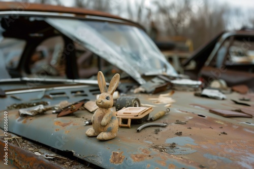 discarded rabbit toy on the hood of a junkyard car