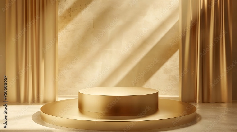 Golden podium on beige background with natural shadows. Perfect platform for your product. 3d rendering . ai generative Golden podium on beige background with natural shadows. Perfect platform for your product. 3d rendering . ai generative