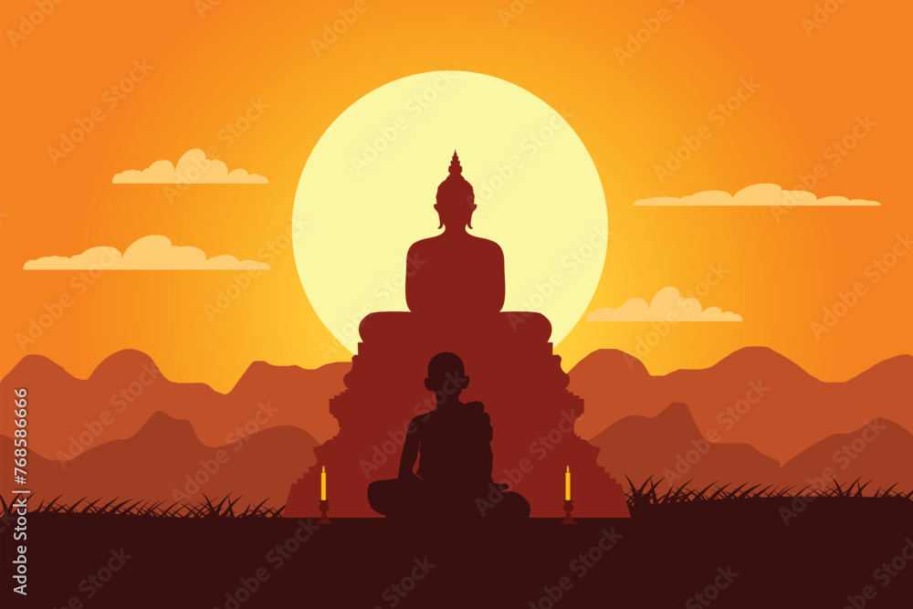 monk vector Sitting and meditating in front of the Buddha statue, Buddhism