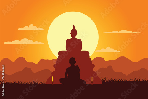 monk vector Sitting and meditating in front of the Buddha statue, Buddhism