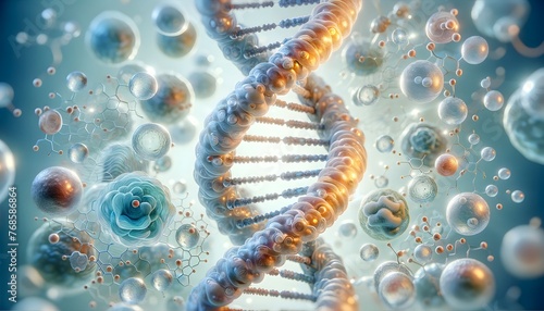  artistic, highly detailed depiction of a DNA molecule in a three-dimensional space surrounded by a variety of abstract spherical structures that resemble molecules and atoms. 3d illustration.