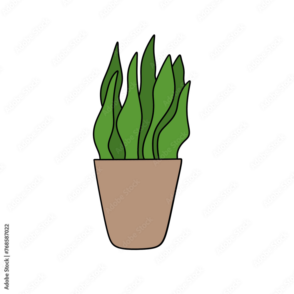 A cartoon drawing of a plant in a brown pot. The plant is green and has long, thin leaves