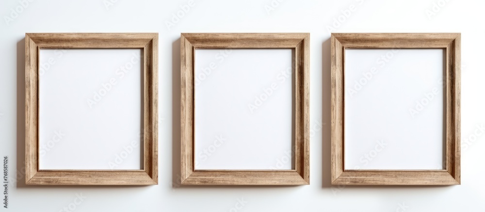 Obraz premium Three wooden frames are displayed on a white wall, each frame empty waiting to be filled with artwork or photographs. The frames are simple in design and hang evenly spaced, adding a touch of decor to