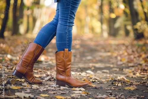female in jeans tucked into polished leather riding boots outdoors photo