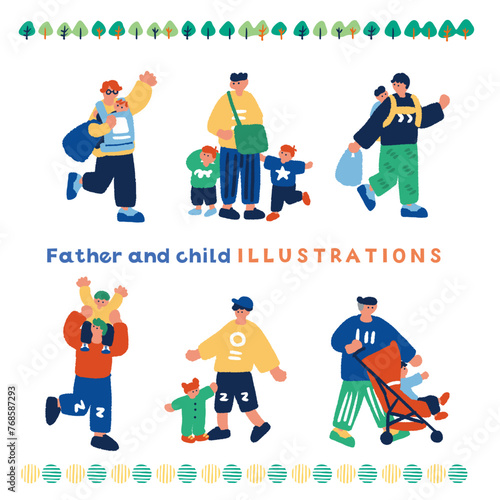 子育てをするお父さんのシンプルでフラットなイラストセット
