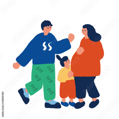 妊婦さんとお父さんの子供シンプルでフラットなイラスト
