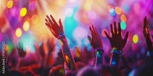 A large group of enthusiastic people at a concert, raising their hands in the air with excitement and energy.