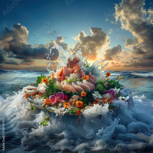 Sushi and sashimi platter with artistic ocean wave presentation. Gourmet seafood and creative cuisine concept. Design for restaurant menus, food art. Surreal composition with sunset and floral element