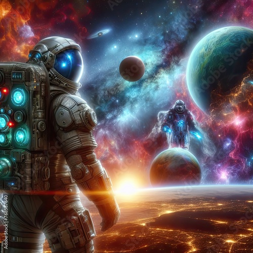 "Astronaut gazing at a vibrant cosmic event with celestial bodies. Space exploration and adventure in a galaxy theme for sci-fi and universe-related projects."