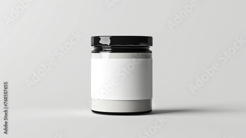 3D rendering of a bottle with white blank labels on a light grey background, mockup