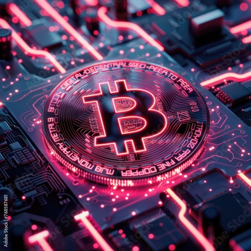 "Bitcoin with red neon glow on circuit board. Close-up macro shot with digital currency and cyber technology concept for poster and banner design."