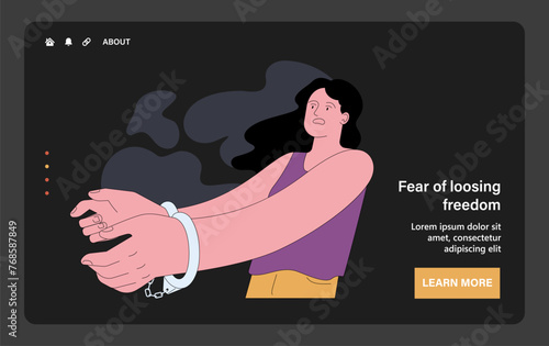 Fear of losing freedom dark or night mode web, landing. Scared and shocked