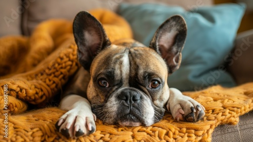 Charming Portrait of Dog on Cozy Blanket © imagemir