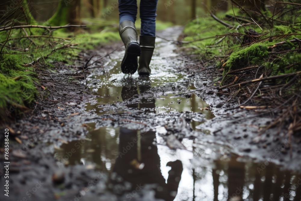 person navigating through puddles on a woodland trail person navigating through puddles on a woodland trail