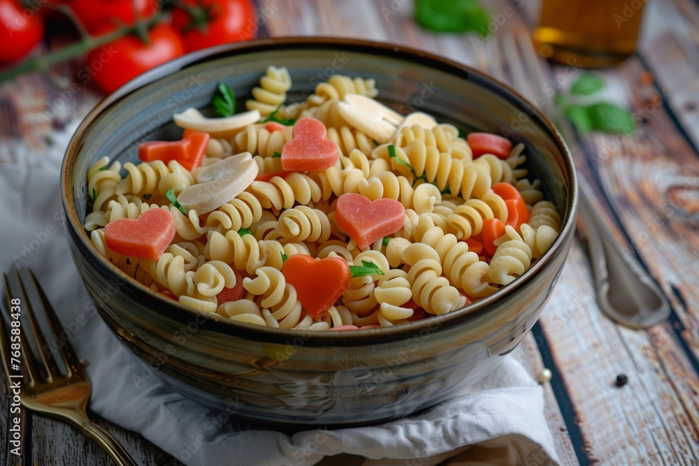 hearty pasta salad with heartshaped macaroni in a bowl hearty pasta salad with heartshaped macaroni in a bowl