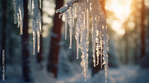 Icicles Melting in Wintery Forest Sunrise