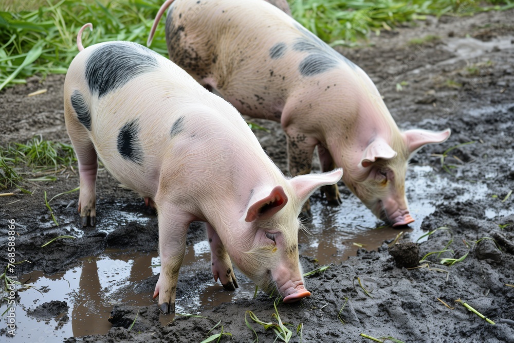 pigs grazing together in a muddy pasture pigs grazing together in a muddy pasture