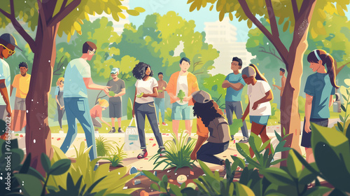Illustration of a group of people coming together to celebrate Earth Day. Picking litter and trash in a park. © stefanholm