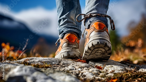 Hiker woman in macro boots trekking through mountain landscape outdoor adventure travel in nature