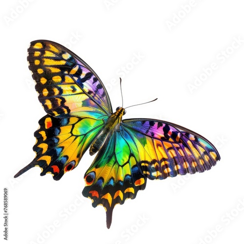 Beautiful colorful butterfly flying, isolated on white, professional photo