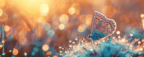 Beautiful natural background, butterfly sitting on dandelion, droplets of dew on a background of sunrise, copy space, close-up professional photo 
