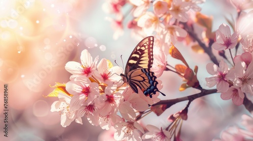 Branch of blossoming sakura with beautiful butterfly  copy space  bright professional photo