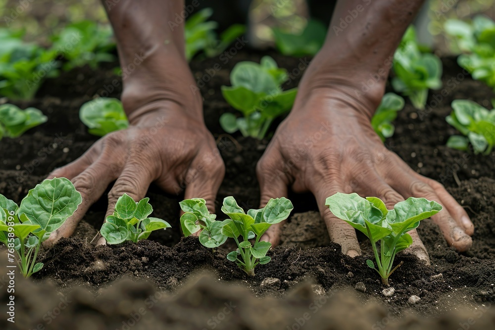 A close-up of hands carefully planting seedlings in rich soil, highlighting the nurturing aspect of agriculture and the promise of future harvests. A close-up of hands carefully planting seedlings in rich soil, highlighting the nurturing aspect of agriculture and the promise of future harvests.