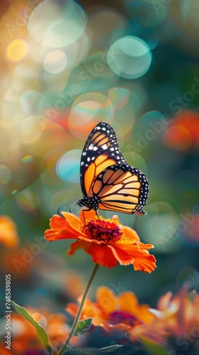 Colorful butterfly sits on beautiful flower, bright blurred background, copy space, close-up professional photo © shooreeq