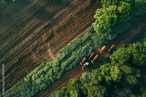 An overhead view of a farmer plowing a field with a team of oxen, showcasing traditional farming methods and the timeless rhythm of agriculture.