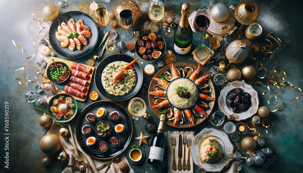 Top-down view of a New Year's Eve dinner party, featuring a seafood platter, truffle risotto, prosciutto-wrapped dates, and sparkling wine, with festive decorations