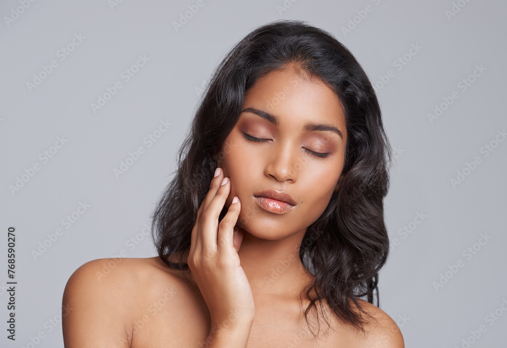 Woman, hair and skin for beauty with cosmetic care, salon treatment for texture and growth on grey background. Face, haircare and skincare for shine, cosmetology and change with eyes closed in studio Woman, hair and skin for beauty with cosmetic care, salon treatment for texture and growth on grey background. Face, haircare and skincare for shine, cosmetology and change with eyes closed in studio