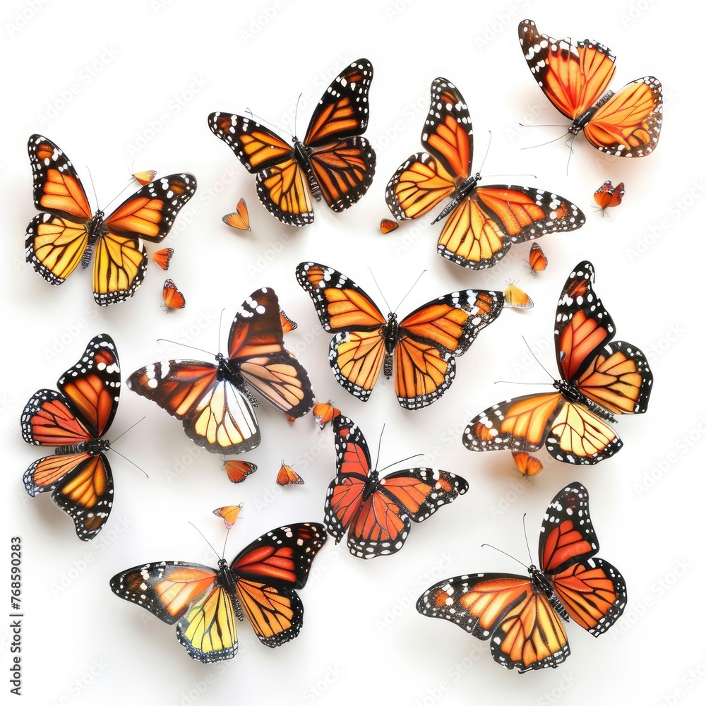 Flock of beautiful butterflies, isolated on white, professional photo Flock of beautiful butterflies, isolated on white, professional photo