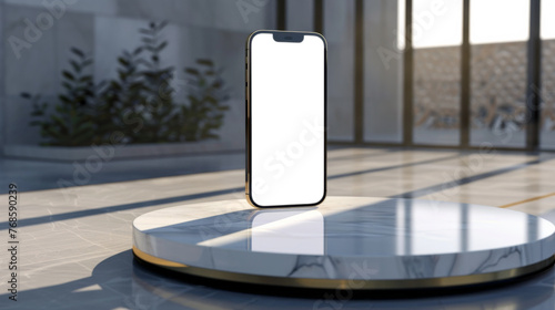 Mobile phone mockup on desk on bright day. Ai Generation photo