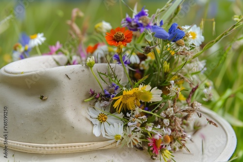 hat filled with freshpicked meadow flowers photo