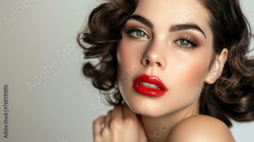 Handsome woman with plump lips and charming eyes portrait, pin-up make-up and hairstyle, posing in studio, professional photoshoot