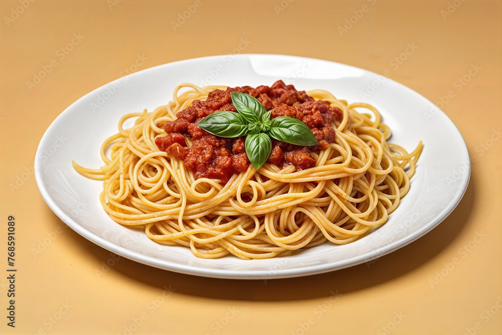 Delicious Pasta with Tomato Sauce and Basil on Plate Delicious Pasta with Tomato Sauce and Basil on Plate