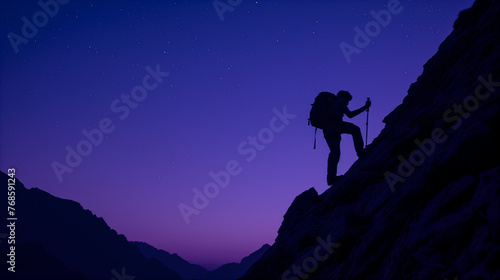 silhouette of a person who is climbing in a mountainous terrain, using trekking poles. The sky transitions from deep blue to purple and there are faint stars visible © AdamDiezel