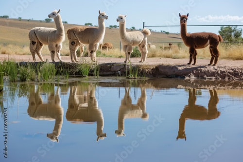 alpacas standing by a pond with reflections visible
